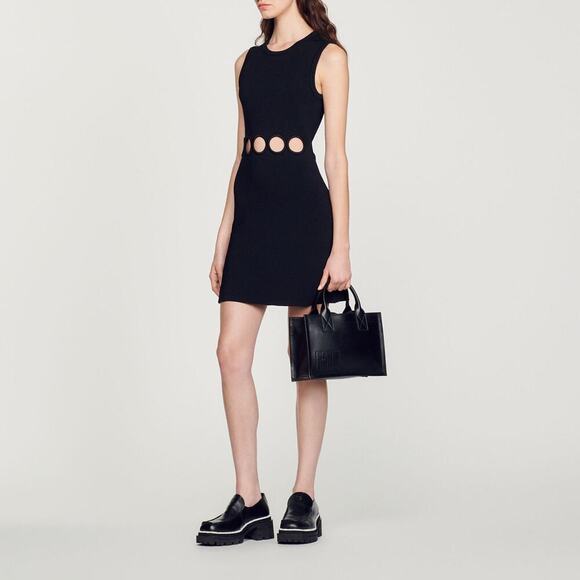 Sandro Openwork Mini Dress Noir Size 40 Cut Out Sleeveless Party Gothic Cocktail - Picture 1 of 5